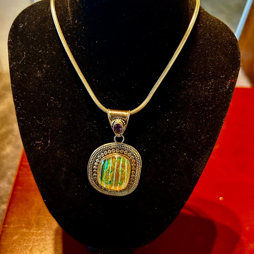 Sterling Silver Necklace with Striking Pendant Center Amethyst
